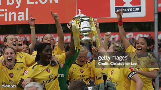 The Arsenal ladies celebrate as they lift the trophy during the FA Womens Cup final sponsored by E.ON match between Arsenal and Charlton Athletic at...