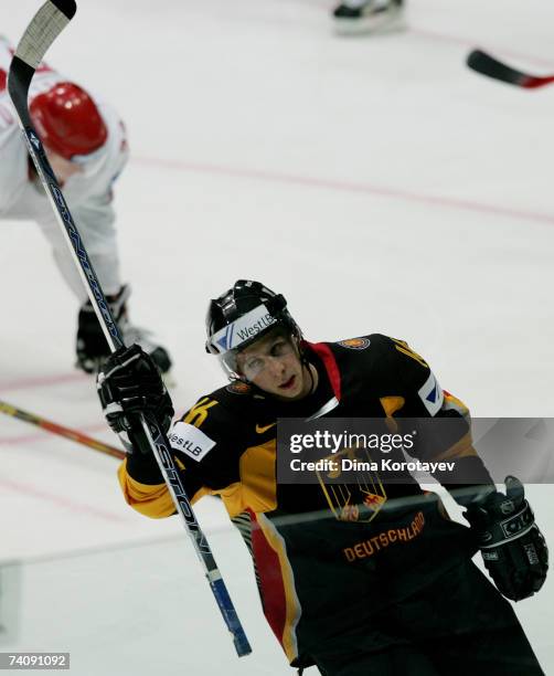 Germany's Michael Wolf celebrates after scoring against team Belarus during the IIHF World Ice Hockey Championship qualifying round, group F match...