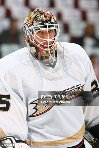 Jean-Sebastien Giguere of the Anaheim Ducks looks on against the Vancouver Canucks in Game Three of the 2007 Western Conference Semifinals at General...