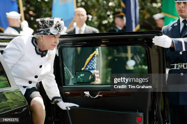 Queen Elizabeth II arrives by limousine at the White House May 7, 2007 in Washington DC. The Queen and Prince Philip, the Duke of Edinburgh are on a...