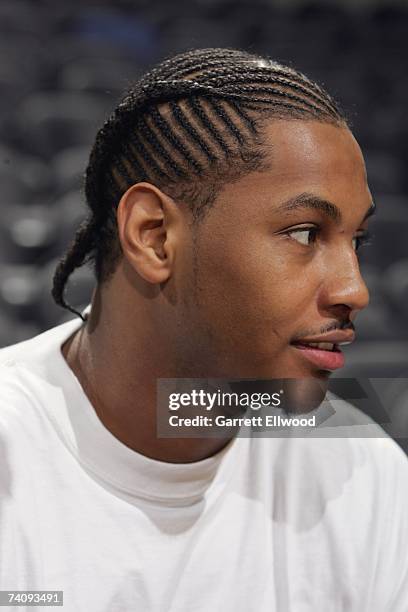 Carmelo Anthony of the Denver Nuggets is shown before the start of Game Two of the Western Conference Quarterfinals against the San Antonio Spurs...