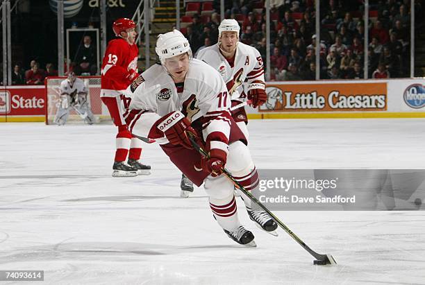 Ladislav Nagy of the Phoenix Coyotes skates with the puck against the Detroit Red Wings during their NHL game on February 7, 2007 at Joe Louis Arena...