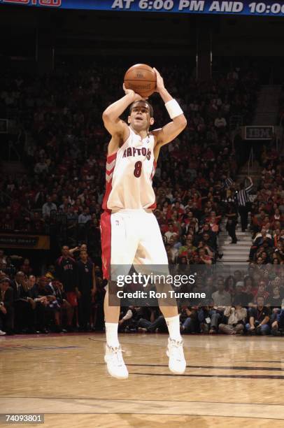 Jose Calderon of the Toronto Raptors shoots in Game Five of the Eastern Conference Quarterfinals during the 2007 NBA Playoffs against the New Jersey...