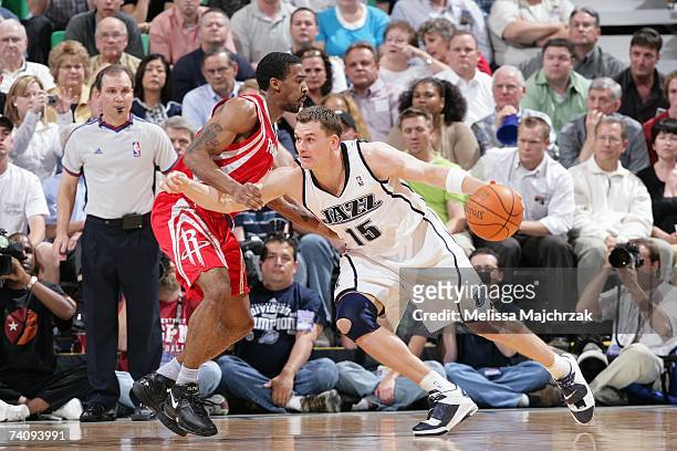 Matt Harpring of the Utah Jazz goes up against Luther Head of the Houston Rockets in Game Three of the Western Conference Quarterfinals during the...