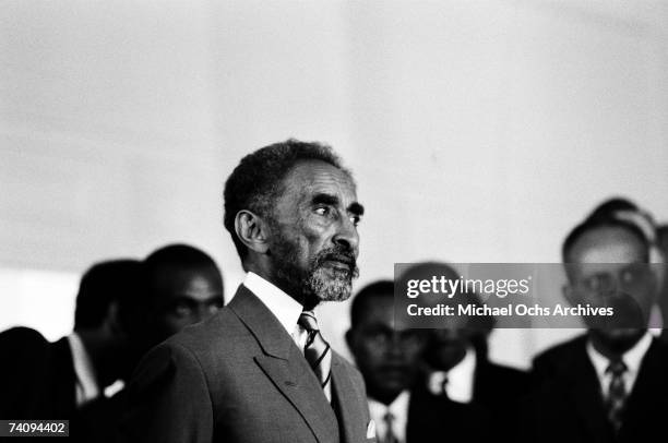 Haile Selassie I , , Emperor of Ethiopia, attends a reception on April 21, 1966 in Kingston Jamaica.