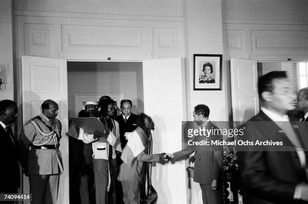 Haile Selassie I , , Emperor of Ethiopia, greets a delegation of Rastafaian leaders at a reception on April 21, 1966 in Kingston Jamaica.