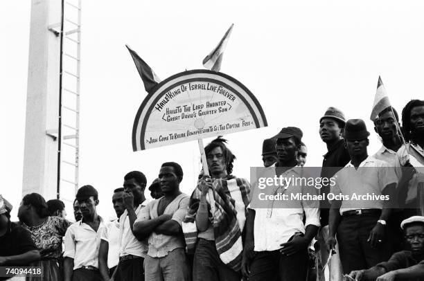 Crowds of Rastafarians await the arrival of Haile Selassie I , , Emperor of Ethiopia, at Palisadoes Airport on April 21, 1966 in Kingston Jamaica.