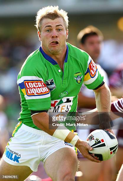 Ryan Hinchcliffe of the Raiders looks to offload during the round eight NRL match between the Canberra Raiders and the Manly Warringah Sea Eagles at...