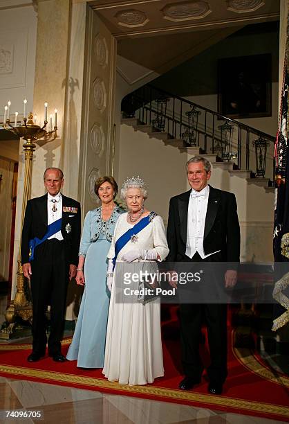 His Royal Highness Prince Philip, the Duke of Edinburgh, First Lady Laura Bush, Her Majesty Queen Elizabeth II and U.S. President George W. Bush pose...
