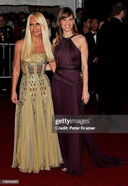 Designer Donatella Versace and actress Hilary Swank attend the Metropolitan Museum of Art Costume Institute Benefit Gala "Poiret: King Of Fashion" at...