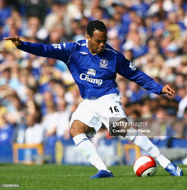 Joleon Lescott of Everton in action during the Barclays Premiership match between Everton and Portsmouth at Goodison Park on May 5, 2007 in...