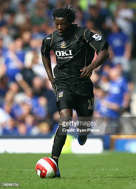 Benjani Mwaruwari of Portsmouth in action during the Barclays Premiership match between Everton and Portsmouth at Goodison Park on May 5, 2007 in...