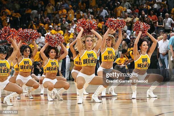 The Warrior Girls dance team performs during the Golden State Warriors game against the Dallas Mavericks in Game Four of the Western Conference...
