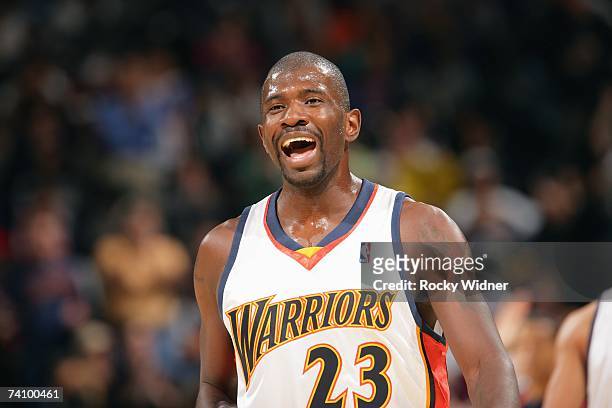 Jason Richardson of the Golden State Warriors reacts to play during the NBA game against the Minnesota Timberwolves at Oracle Arena on April 15, 2007...