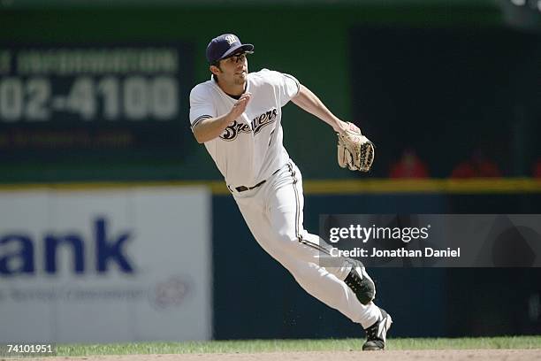 Hardy of the Milwaukee Brewers moves to field the ball against the St. Louis Cardinals May 2, 2007 at Miller Park in Milwaukee, Wisconsin. The...