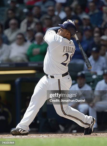 Prince Fielder of the Milwaukee Brewers swings at the pitch against the St. Louis Cardinals May 2, 2007 at Miller Park in Milwaukee, Wisconsin. The...