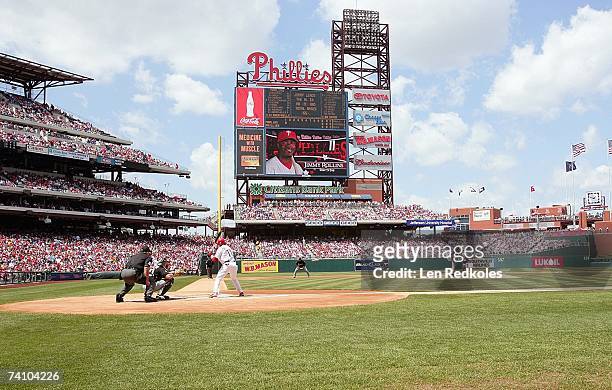 Wide angle view of Jimmy Rollins of the Philadelphia Phillies at bat in a game aginst of the Florida Marlins on April 29, 2007 at Citizens Bank Park...