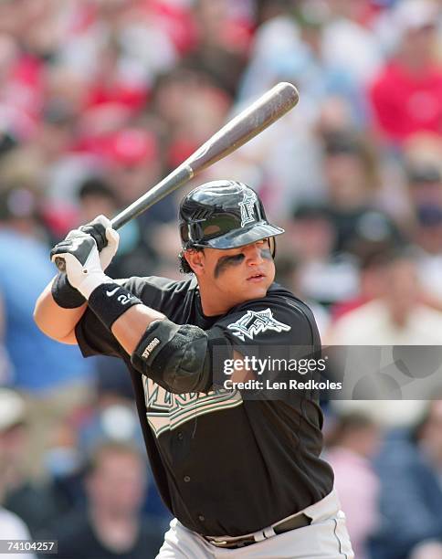 Miguel Cabrera of the Florida Marlins waits for a pitch in a game against the Philadelphia Phillies on April 29, 2007 at Citizens Bank Park in...