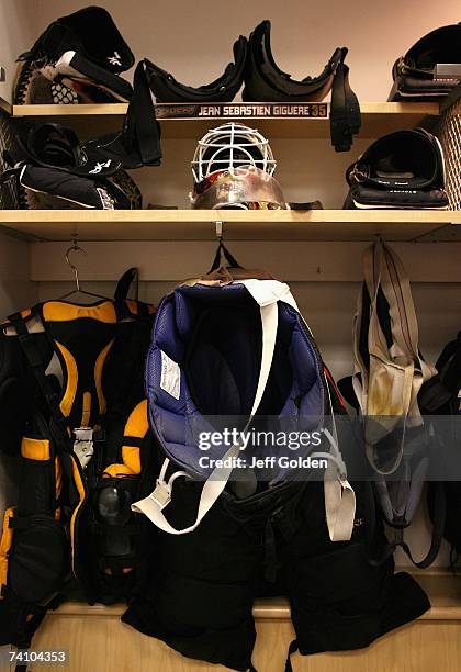Detail of Goaltender Jean-Sebastien Giguere of the Anaheim Ducks equipment hanging in his locker after game five of the 2007 Western Conference...
