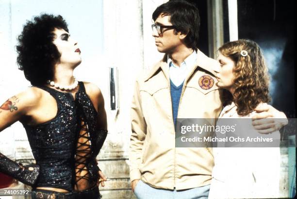 Actors Tim Curry, Barry Bostwick and Susan Sarandon in scene from movie "The Rocky Horror Picture Show" directed by Jim Sharman.