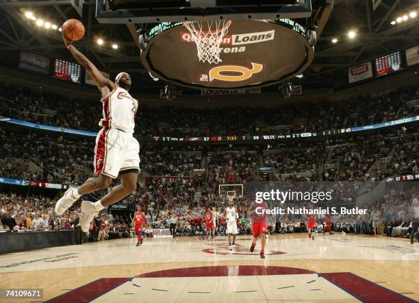 LeBron James of the Cleveland Cavaliers dunks against the New Jersey Nets in Game Two of the Eastern Conference Semifinals during the 2007 NBA...