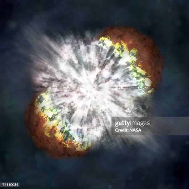 In this handout provided by NASA, an artist interpretation illustrates the explosion of SN 2006gy, a massive star in what scientists are calling the...