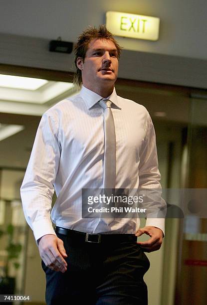 Blues and All Black rugby player Ali Williams arrives to address the media during a press conference held at the Crowne Plaze May 9, 2007 in...