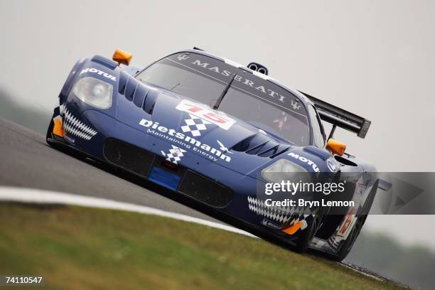 The Maserati MC12 GT1 of Dirk Waaijenberg and Peter Kutemann in action during warm-up for the FIA GT Championship at Silverstone Circuit on May 6 in...