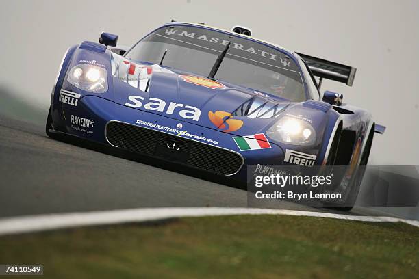 The Maserati MC12 GT1 of Dirk Waaijenberg and Peter Kutemann during warm-up for the FIA GT Championship at Silverstone Circuit on May 6 in...