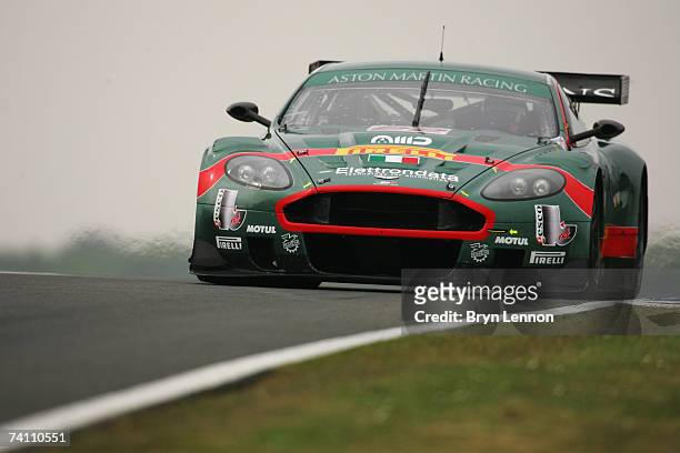The Aston Martin DBR9 of Enrico Toccacelo and Ferdinando Monfardini in action during warm-up for the FIA GT Championship at Silverstone Circuit on...