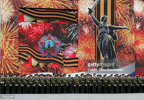 Russian soldiers parade in Red Square during the annual celebration of the end of World War II on May 9, 2007 in Moscow, Russia.