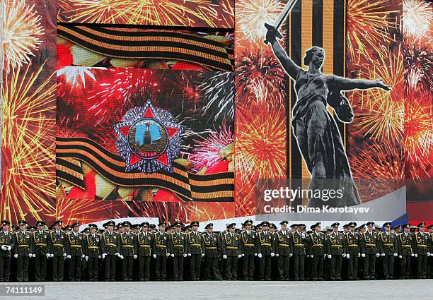 Russian soldiers parade in Red Square during the annual celebration of the end of World War II on May 9, 2007 in Moscow, Russia.