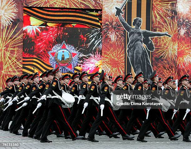 Russian soldiers parade in Red Square during the annual celebration of the end of World War II on May 9, 2007 in Moscow, Russia.