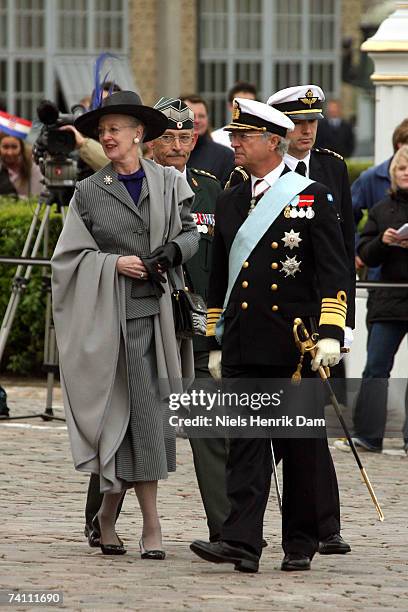 Queen Margrethe II of Denmark and King Carl XVI Gustaf of Sweden arrive at Toldbodgade Harbour on May 9, 2007 in Copenhagen, Denmark. King Carl XVI...