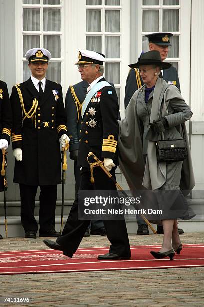 Queen Margrethe II of Denmark and King Carl XVI Gustaf of Sweden arrive at Toldbodgade Harbour on May 9, 2007 in Copenhagen, Denmark. King Carl XVI...