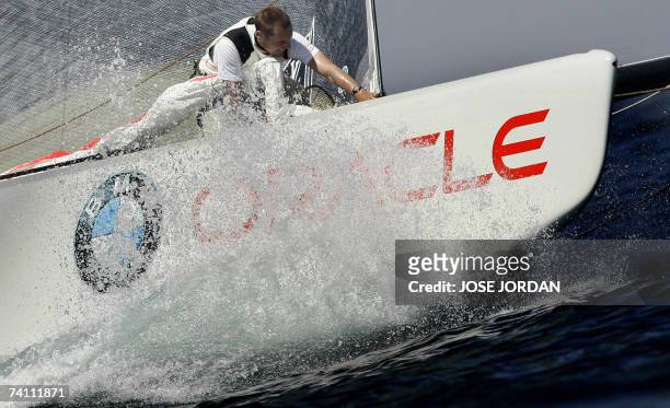 Member of BMW Oracle opens the Spinaker during the flight 11 Robin 2 Louis Vuitton cup in Valencia 09 May 2007. AFP PHOTO/ JOSE JORDAN
