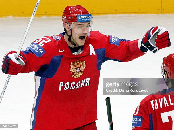 Russian Andrey Markov jubilates after his team scored against team Czech during the IIHF World Ice Hockey Championship quarter final match between...