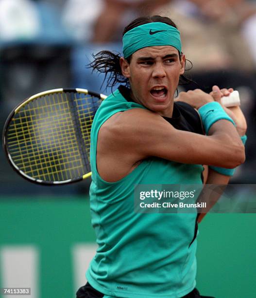 Rafael Nadal of Spain in action against Daniele Bracciali of Italy in their second round match, during the ATP Masters Series at the Foro Italico,...