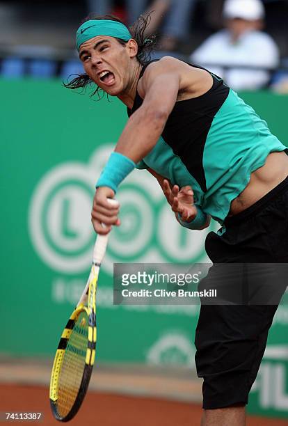 Rafael Nadal of Spain in action against Daniele Bracciali of Italy in their second round match, during the ATP Masters Series at the Foro Italico,...
