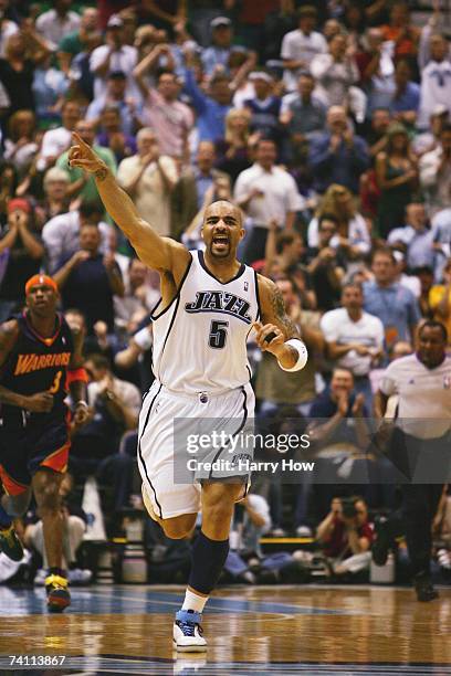 Carlos Boozer of the Utah Jazz reacts to a play in Game One of the Western Conference Semifinals against the Golden State Warriors during the 2007...