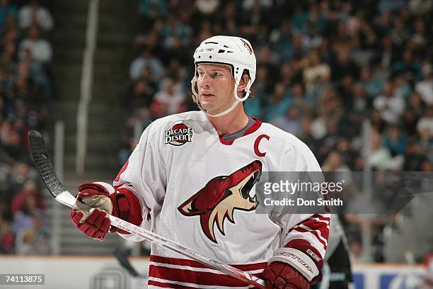 Shane Doan of the Phoenix Coyotes looks on against the San Jose Sharks on March 30, 2007 at the HP Pavilion in San Jose, California. The Sharks won...