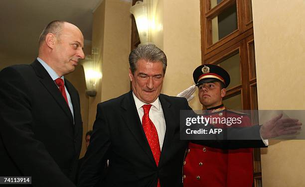 Albanian Prime Minister Sali Berisha welcomes his Kosovo counterpart Agim Ceku , in Tirana, 09 May 2007. Ceku and Berisha will discuss about the...