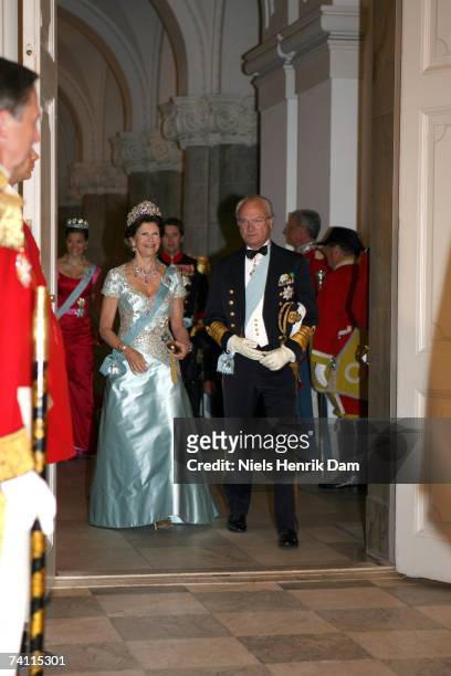 Queen Silvia and King Carl XVI Gustaf of Sweden attend a gala event at the Christiansborg Palace on May 9, 2007 in Copenhagen, Denmark. King Carl XVI...