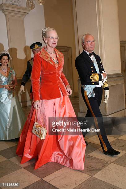 Queen Margrethe of Denmark and King Carl XVI Gustaf attend a gala event at the Christiansborg Palace on May 9, 2007 in Copenhagen, Denmark. King Carl...