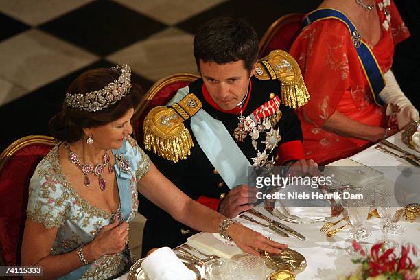 Queen Silvia of Sweden and Crown Prince Frederik of Denmark attend a gala event at the Christiansborg Palace on May 9, 2007 in Copenhagen, Denmark....