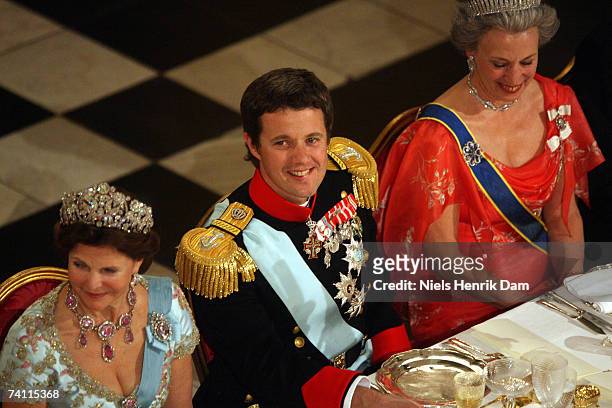 Queen Silvia of Sweden and Crown Prince Frederik of Denmark attend a gala event at the Christiansborg Palace on May 9, 2007 in Copenhagen, Denmark....