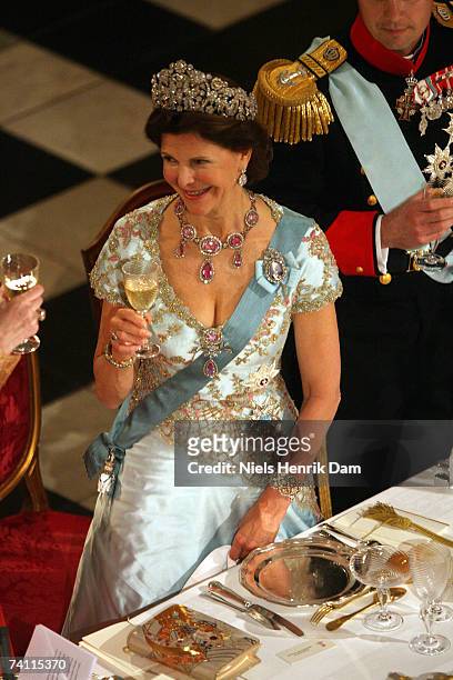 Queen Silvia attends a gala event at the Christiansborg Palace on May 9, 2007 in Copenhagen, Denmark. King Carl XVI Gustaf, Queen Silvia and Crown...
