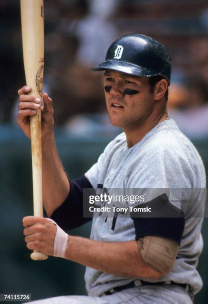 Catcher Bill Freehan of the Detroit Tigers awaits his next at bat while kneeling in the on deck circle during an MLB game on June 23, 1968 against...