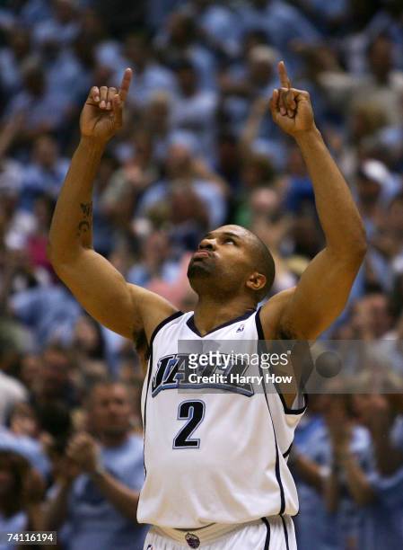 Derek Fisher of the Utah Jazz reacts during a game against the Golden State Warriors during overtime of the Western Conference Semifinals the 2007...