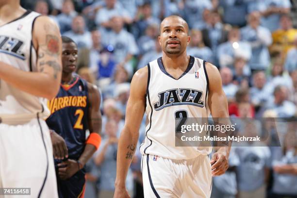 Derek Fisher of the Utah Jazz looks on during Game Two of the Western Conference Semifinals against the Golden State Warriors during the 2007 NBA...